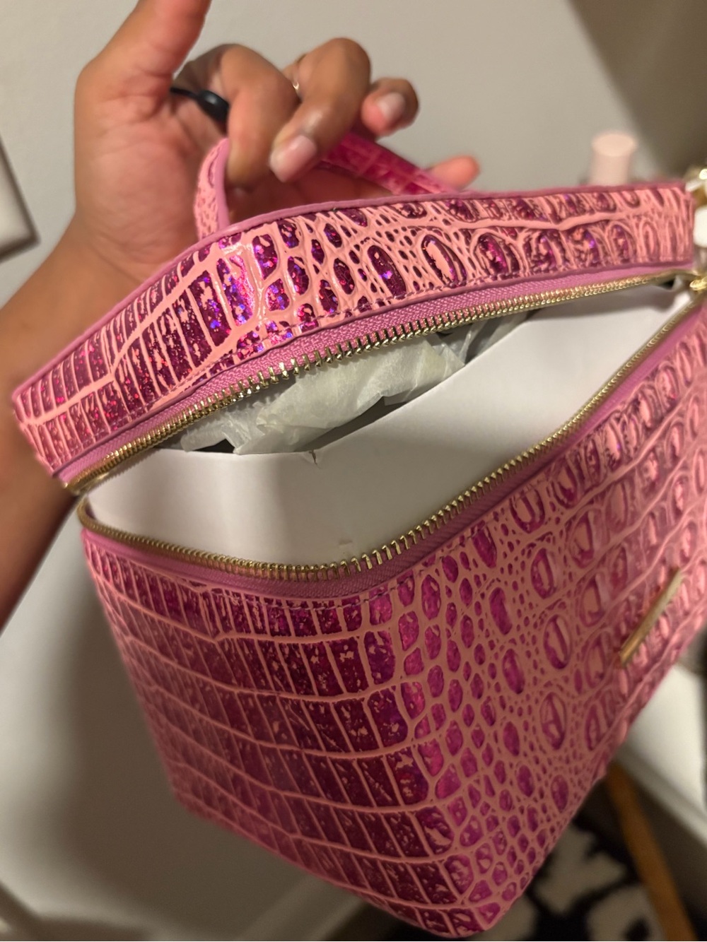 Brahmin Pink Glitter Croc-Embossed Leather Cosmetic Case - Picture 6 of 6